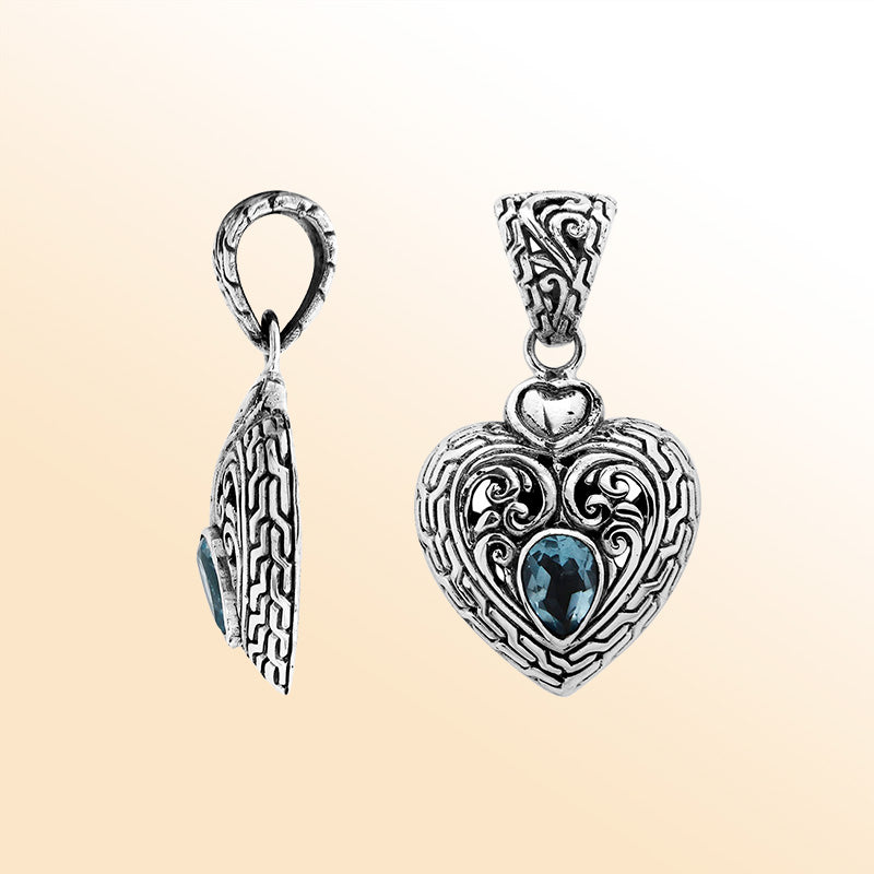 Elegant Sterling Silver Blue Topaz Quartz Heart Pendant With Artistic Balinese Scrollwork And Polished High-Gloss Finish