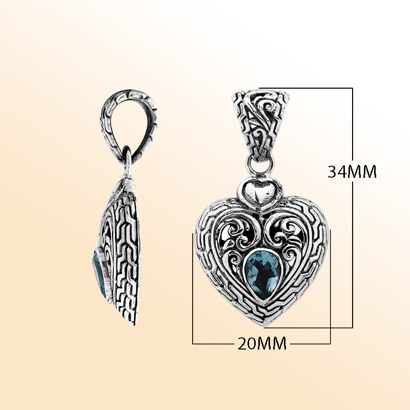 Elegant Sterling Silver Blue Topaz Quartz Heart Pendant With Artistic Balinese Scrollwork And Polished High-Gloss Finish