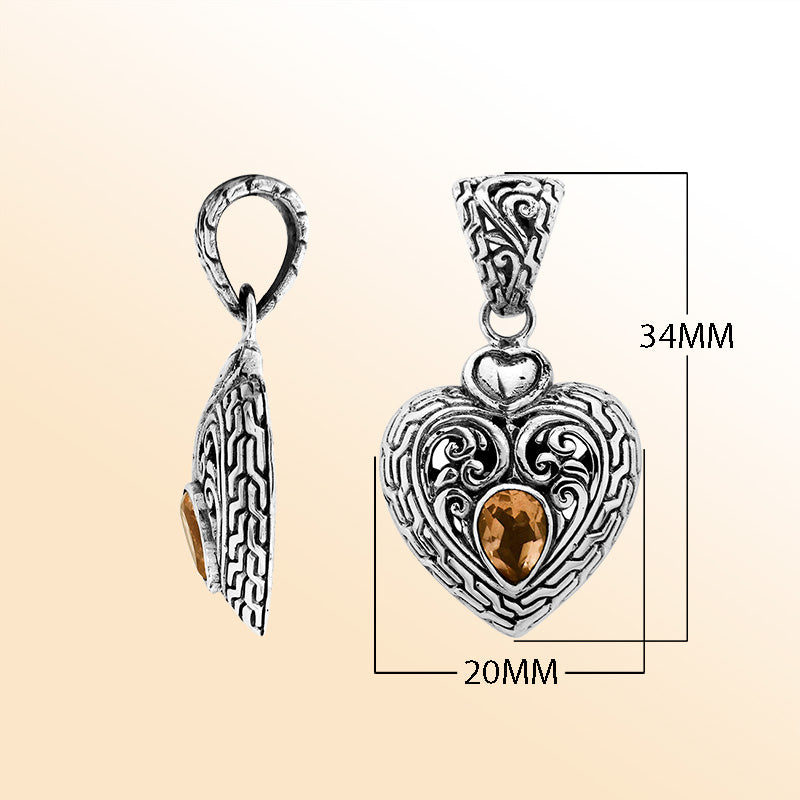 Elegant Sterling Silver Red Garnet Quartz Heart Pendant With Artistic Balinese Scrollwork And Polished Silver Finish