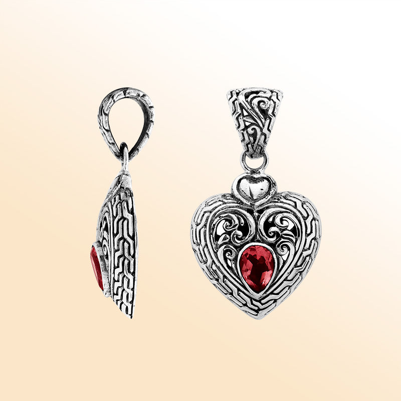 Elegant Sterling Silver Red Garnet Quartz Heart Pendant With Artistic Balinese Scrollwork And Polished Silver Finish