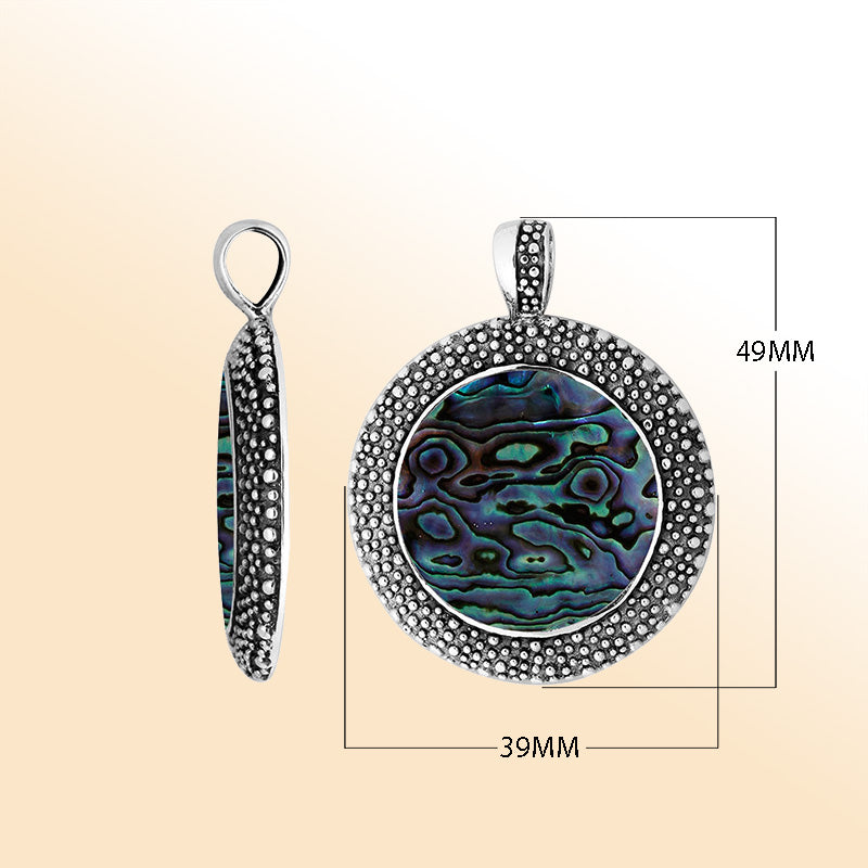 Elegant Sterling Silver Abalone Shell Round Pendant With Artistic Balinese Granulated Frame And Polished Silver Finish