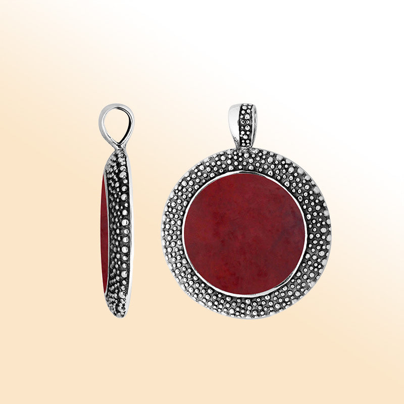 Elegant Sterling Silver Red Coral Round Pendant With Artistic Balinese Granulated Frame And Polished Silver Finish