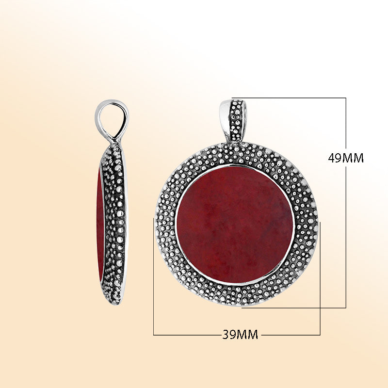 Elegant Sterling Silver Red Coral Round Pendant With Artistic Balinese Granulated Frame And Polished Silver Finish