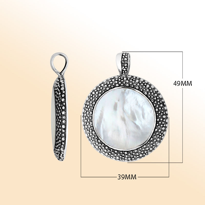 Elegant Sterling Silver Mother Of Pearl Round Pendant With Artistic Balinese Granulated Frame And Polished Silver Finish