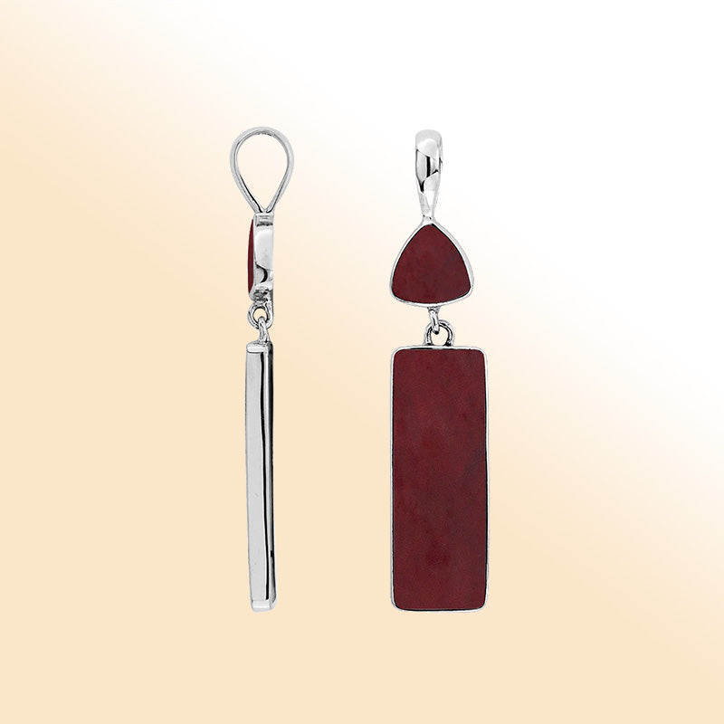 Elegant red coral sterling silver pendant with geometric rectangular and triangular drop handcrafted in artistic Balinese style