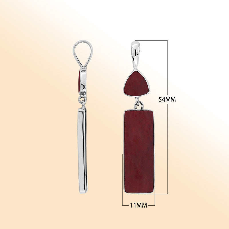 Elegant red coral sterling silver pendant with geometric rectangular and triangular drop handcrafted in artistic Balinese style
