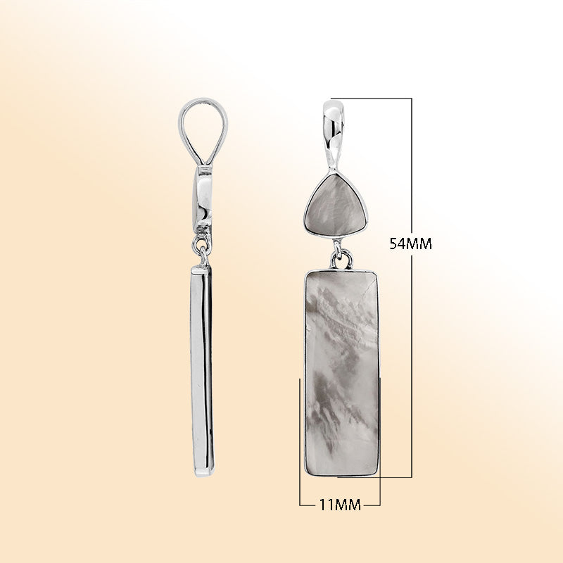 Elegant mother of pearl sterling silver pendant with geometric rectangle and triangle drop handcrafted in artistic Balinese design