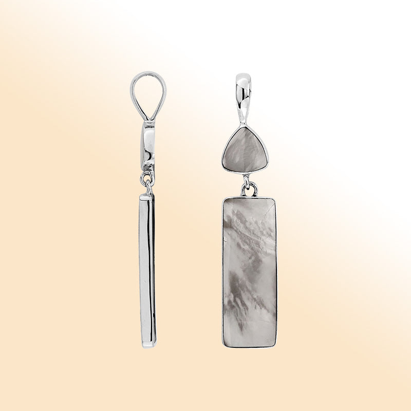 Elegant mother of pearl sterling silver pendant with geometric rectangle and triangle drop handcrafted in artistic Balinese design