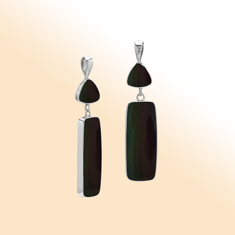 Sterling Silver Earring With Black Shell Trillion & Rectangle Dangle Handcrafted In Bali