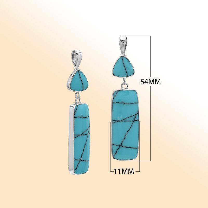 Sterling Silver Pendant With Turquoise Shell Trillion & Rectangle Drop Design Handcrafted In Bali