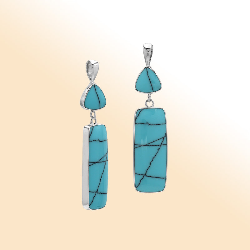Sterling Silver Pendant With Turquoise Shell Trillion & Rectangle Drop Design Handcrafted In Bali