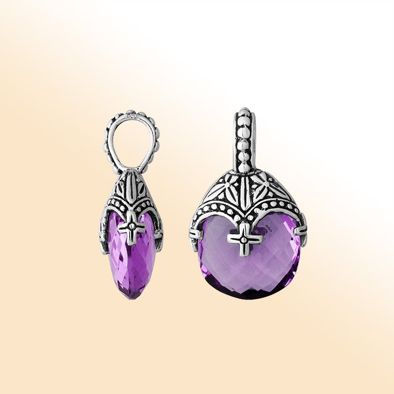 Elegant amethyst quartz sterling silver heart pendant with ornate Balinese detailing handcrafted finish
