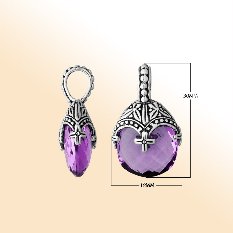 Elegant amethyst quartz sterling silver heart pendant with ornate Balinese detailing handcrafted finish