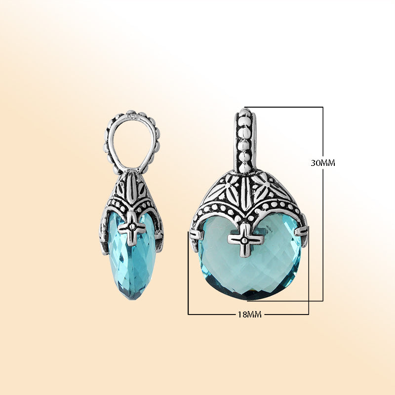 Elegant sterling silver blue topaz quartz heart pendant with ornate Balinese handcrafted detailing