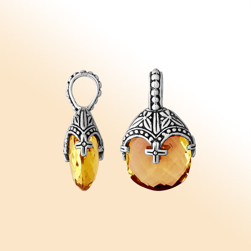 Elegant sterling silver citrine quartz heart pendant with ornate Balinese handcrafted detailing