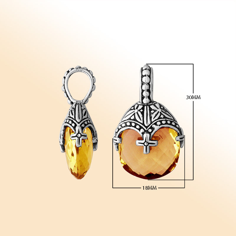 Elegant sterling silver citrine quartz heart pendant with ornate Balinese handcrafted detailing