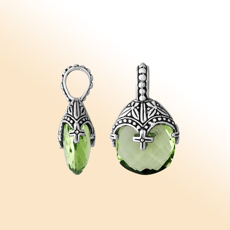 Elegant sterling silver green amethyst quartz heart pendant with ornate Balinese handcrafted detailing