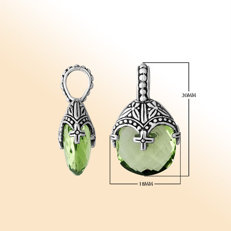 Elegant sterling silver green amethyst quartz heart pendant with ornate Balinese handcrafted detailing