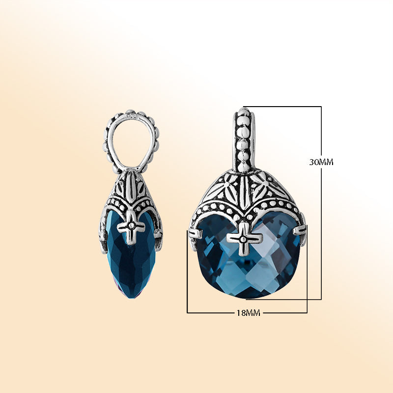 Elegant sterling silver London blue topaz quartz heart pendant with ornate Balinese handcrafted detailing