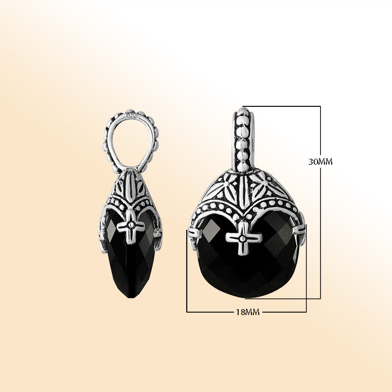 Elegant sterling silver black onyx heart pendant with ornate Balinese handcrafted detailing