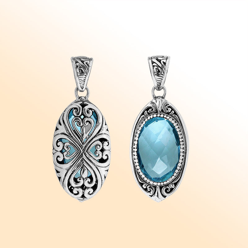 Elegant sterling silver oval pendant with Blue Topaz Quartz and Balinese filigree handcrafted detailing