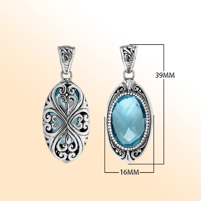 Elegant sterling silver oval pendant with Blue Topaz Quartz and Balinese filigree handcrafted detailing