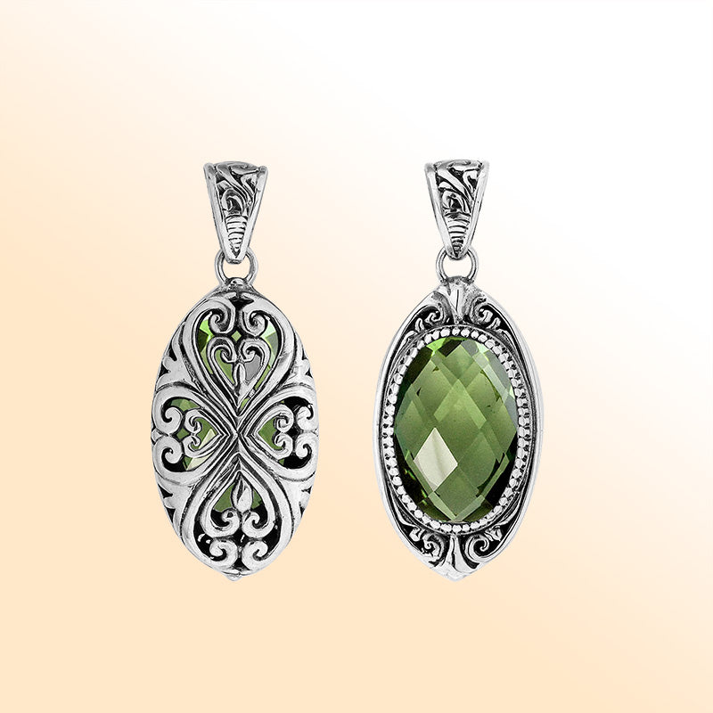 Elegant sterling silver oval pendant with Green Amethyst Quartz and Balinese filigree handcrafted detailing