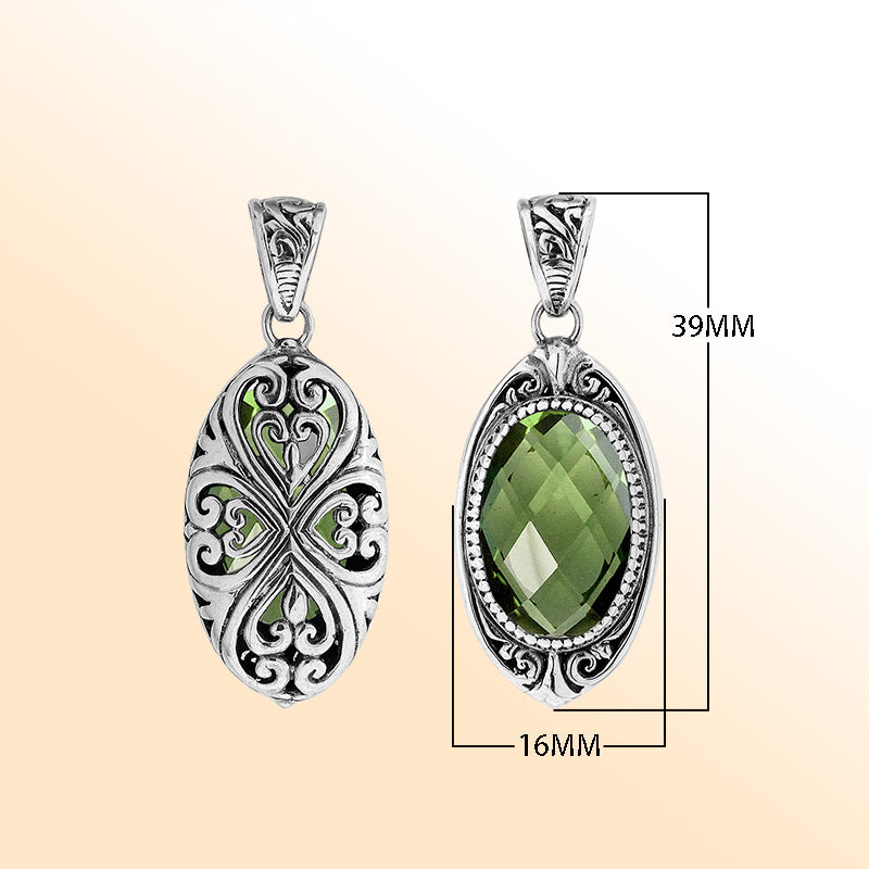 Elegant sterling silver oval pendant with Green Amethyst Quartz and Balinese filigree handcrafted detailing