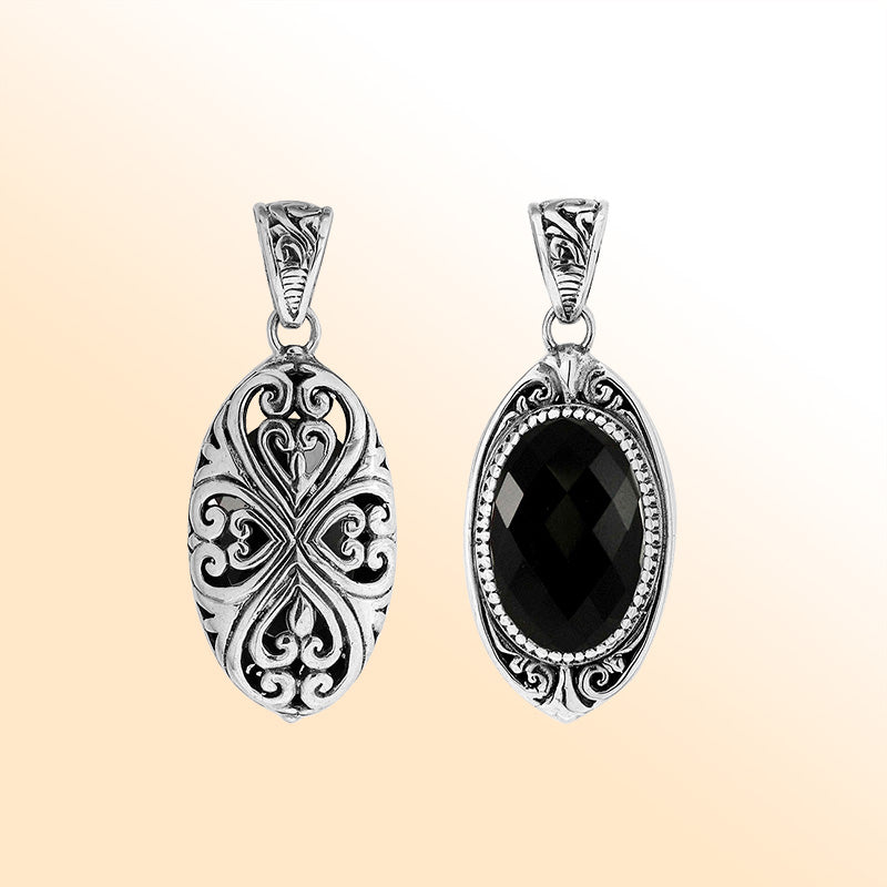 Elegant sterling silver oval pendant with Black Onyx and Balinese filigree handcrafted detailing