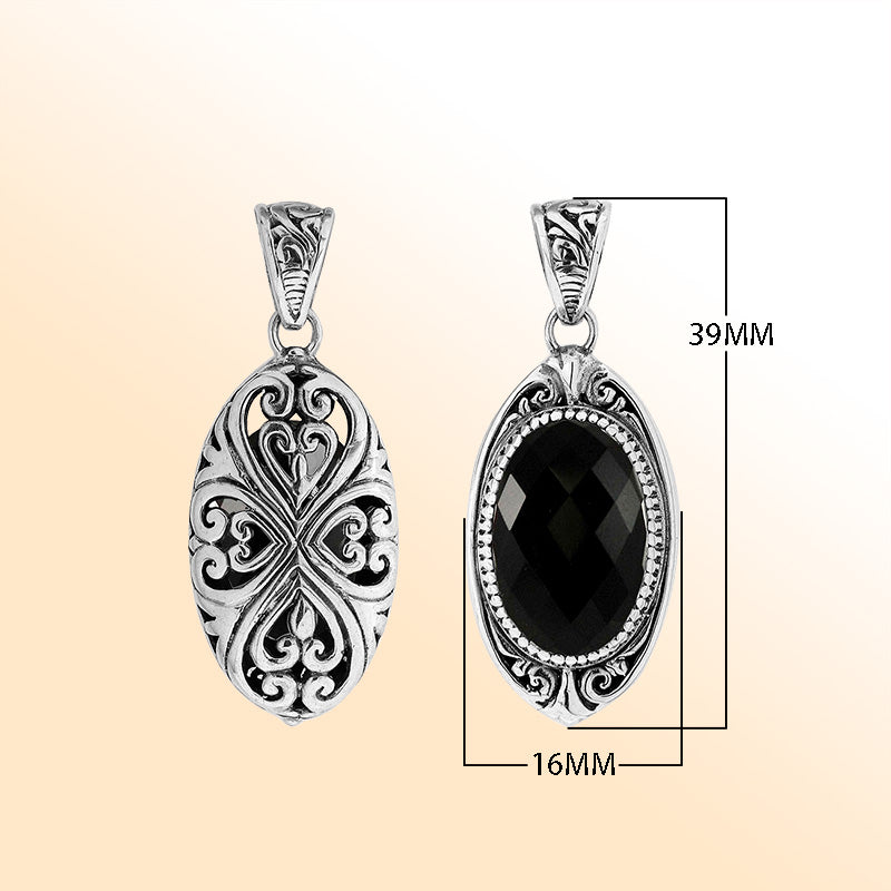 Elegant sterling silver oval pendant with Black Onyx and Balinese filigree handcrafted detailing