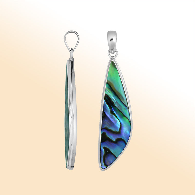 Elegant sterling silver long triangular pendant with Abalone Shell and Balinese handcrafted detailing