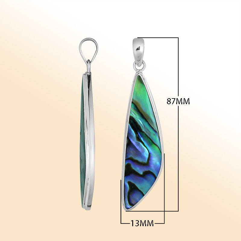 Elegant sterling silver long triangular pendant with Abalone Shell and Balinese handcrafted detailing