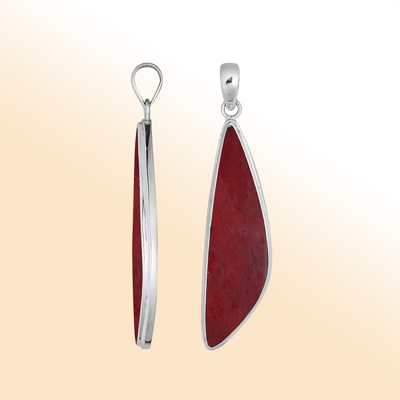 Elegant sterling silver long triangular pendant with Red Coral and Balinese handcrafted detailing