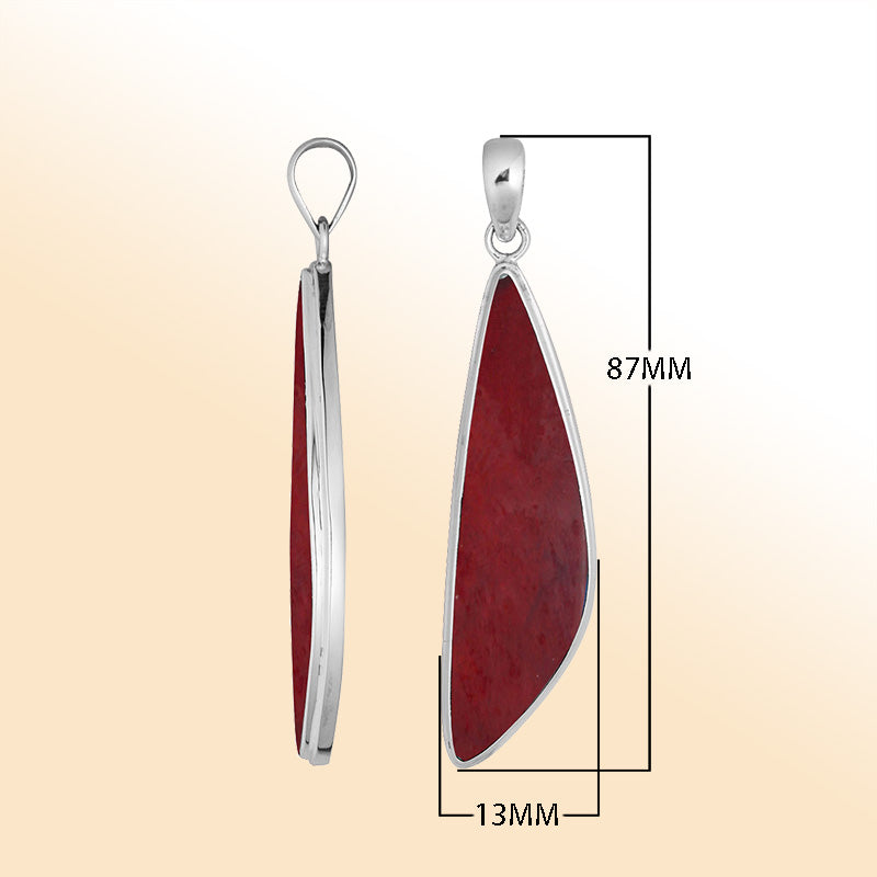 Elegant sterling silver long triangular pendant with Red Coral and Balinese handcrafted detailing
