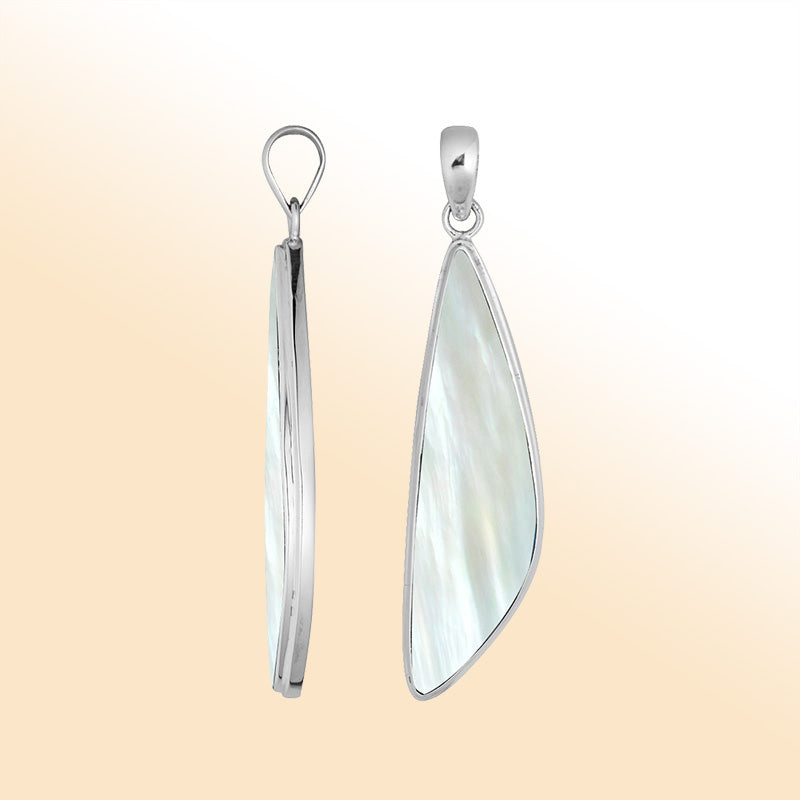 Elegant sterling silver long triangular pendant with Mother Of Pearl and Balinese handcrafted detailing