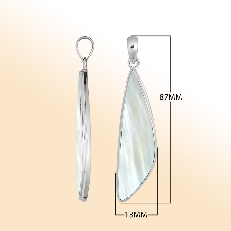 Elegant sterling silver long triangular pendant with Mother Of Pearl and Balinese handcrafted detailing