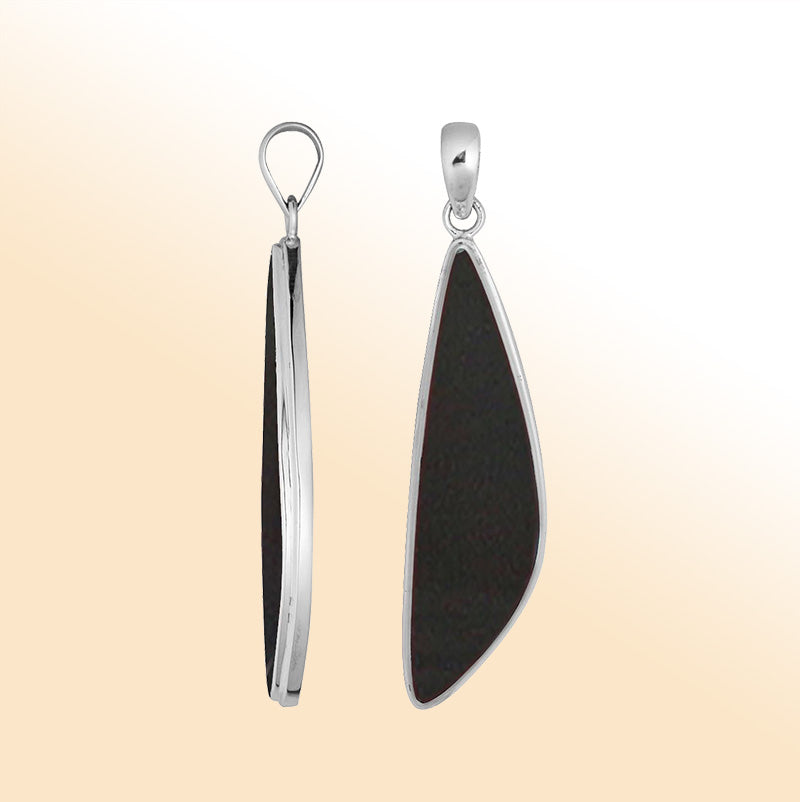 Elegant sterling silver long triangular pendant with Black Shell and Balinese handcrafted detailing