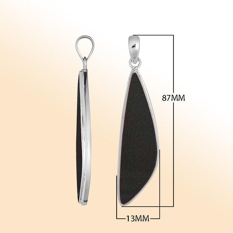 Elegant sterling silver long triangular pendant with Black Shell and Balinese handcrafted detailing