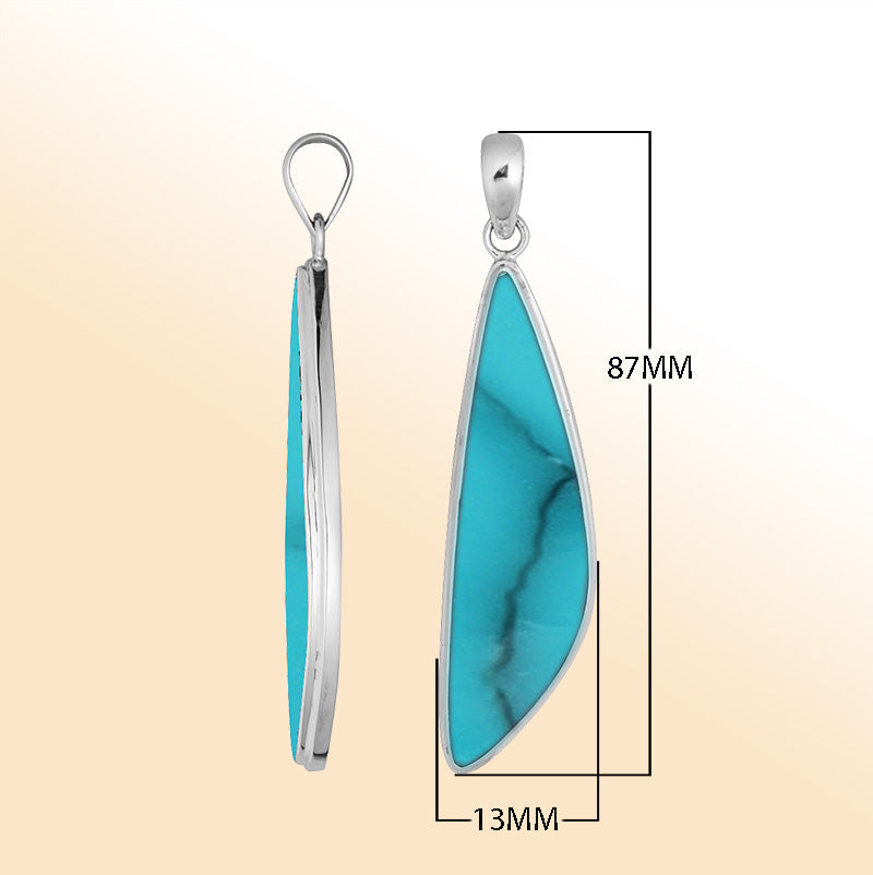 Elegant sterling silver long triangular pendant with Turquoise Shell and Balinese handcrafted detailing