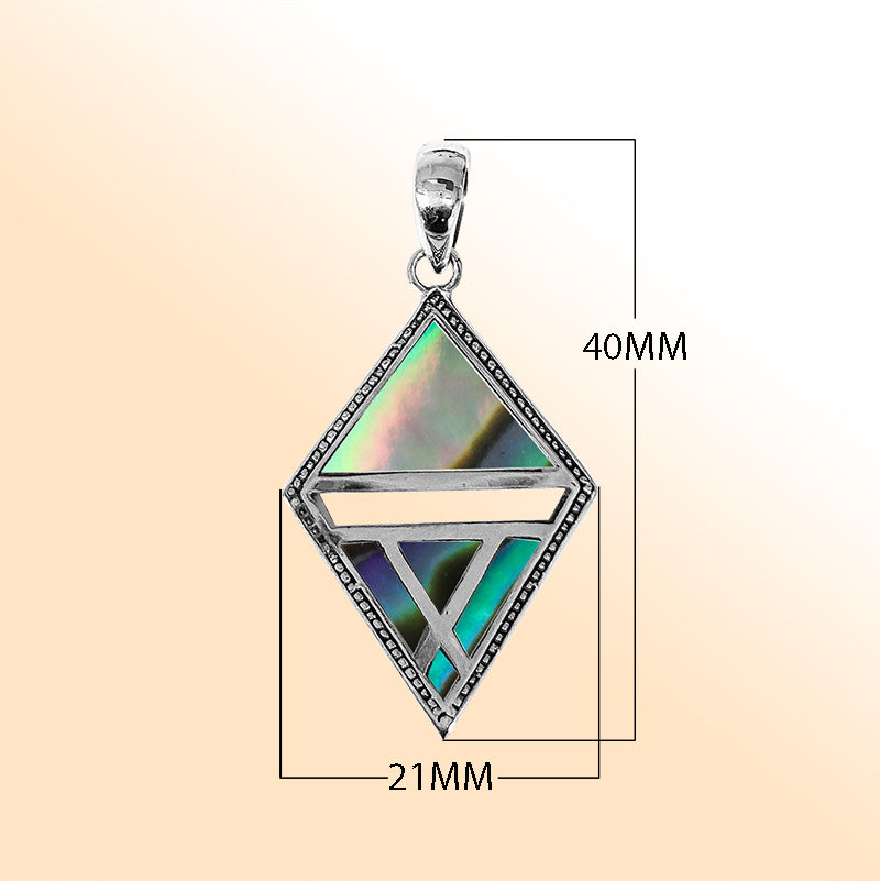Elegant sterling silver geometric diamond pendant with Abalone Shell and Balinese handcrafted detailing