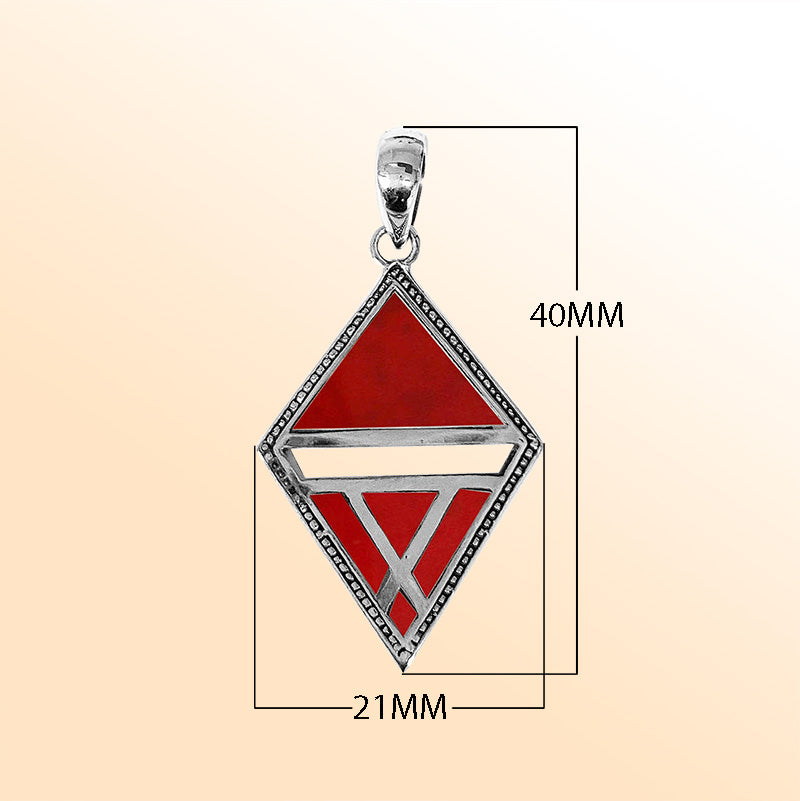 Elegant sterling silver geometric diamond pendant with Red Coral and Balinese handcrafted detailing