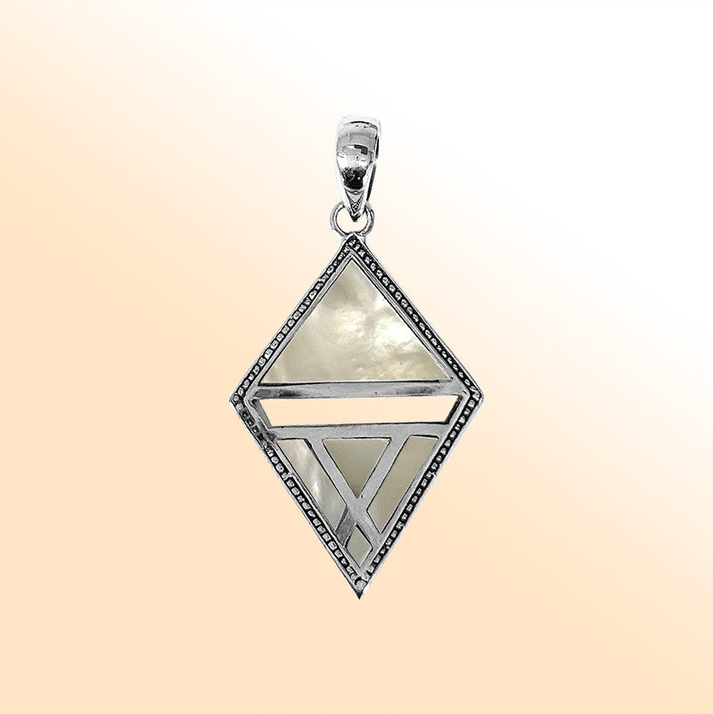 Elegant sterling silver geometric diamond pendant with Mother Of Pearl and Balinese handcrafted detailing