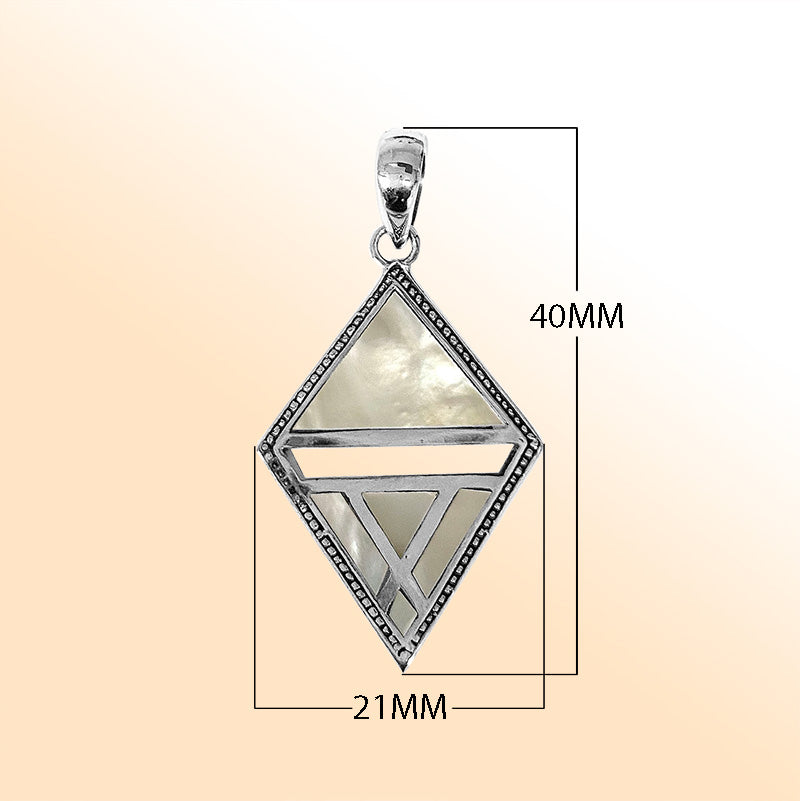 Elegant sterling silver geometric diamond pendant with Mother Of Pearl and Balinese handcrafted detailing