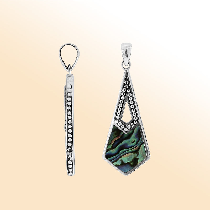 Elegant sterling silver long geometric pendant with Abalone Shell and Balinese handcrafted detailing