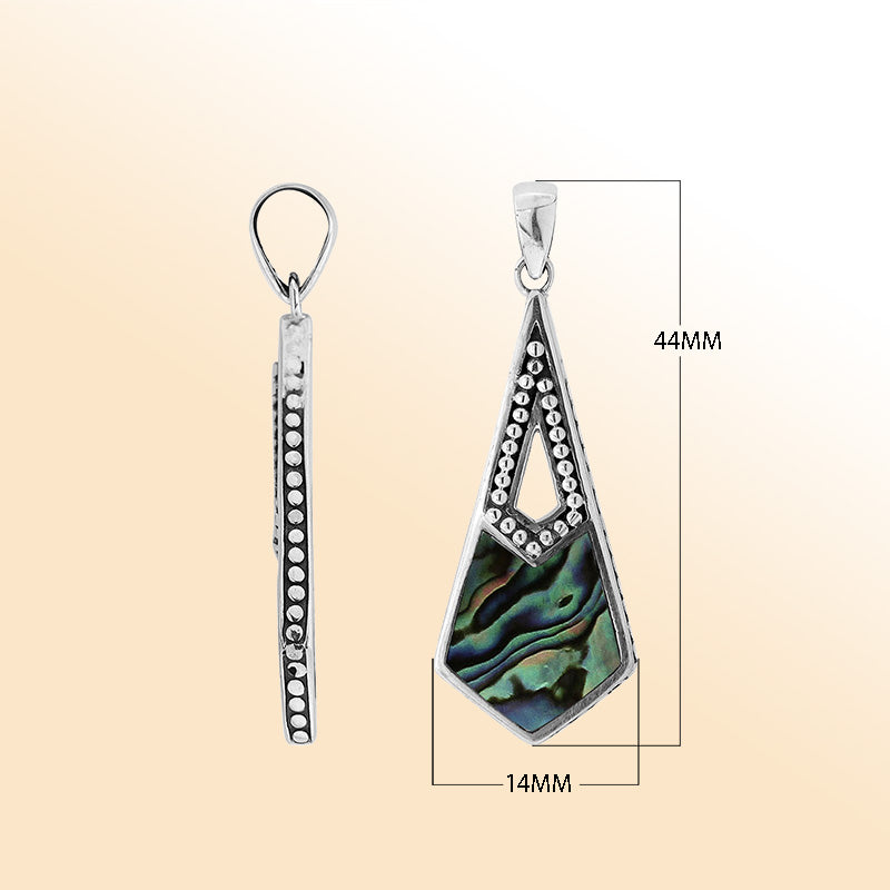 Elegant sterling silver long geometric pendant with Abalone Shell and Balinese handcrafted detailing