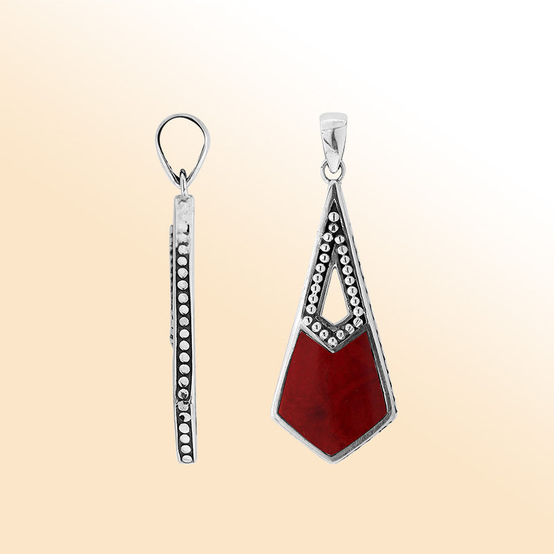 Elegant sterling silver long geometric pendant with Red Coral and Balinese handcrafted detailing
