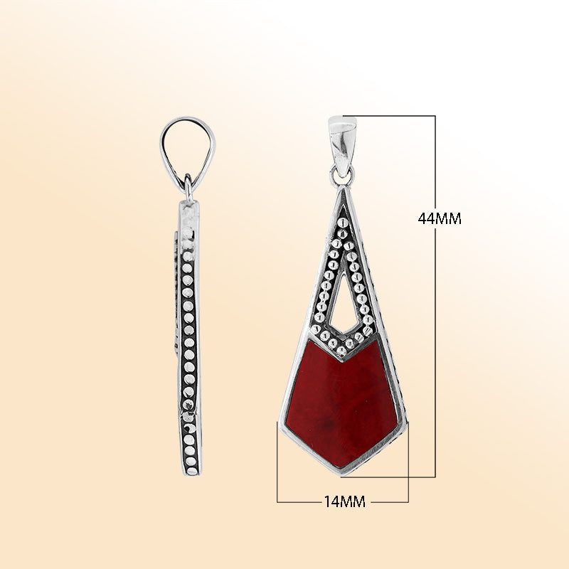 Elegant sterling silver long geometric pendant with Red Coral and Balinese handcrafted detailing