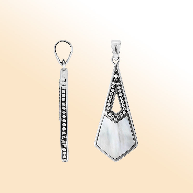 Elegant sterling silver long geometric pendant with Mother Of Pearl and Balinese handcrafted detailing