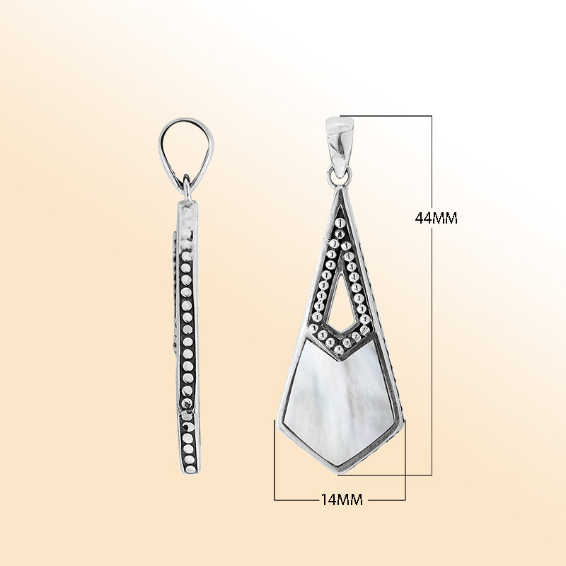 Elegant sterling silver long geometric pendant with Mother Of Pearl and Balinese handcrafted detailing