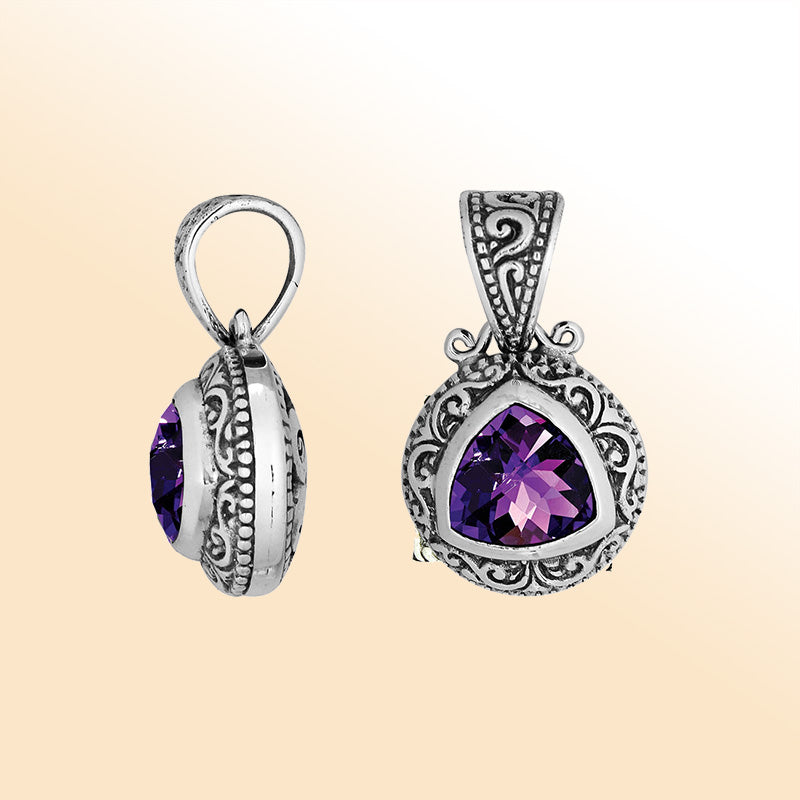 Elegant sterling silver triangular pendant with Amethyst Quartz and Balinese handcrafted detailing